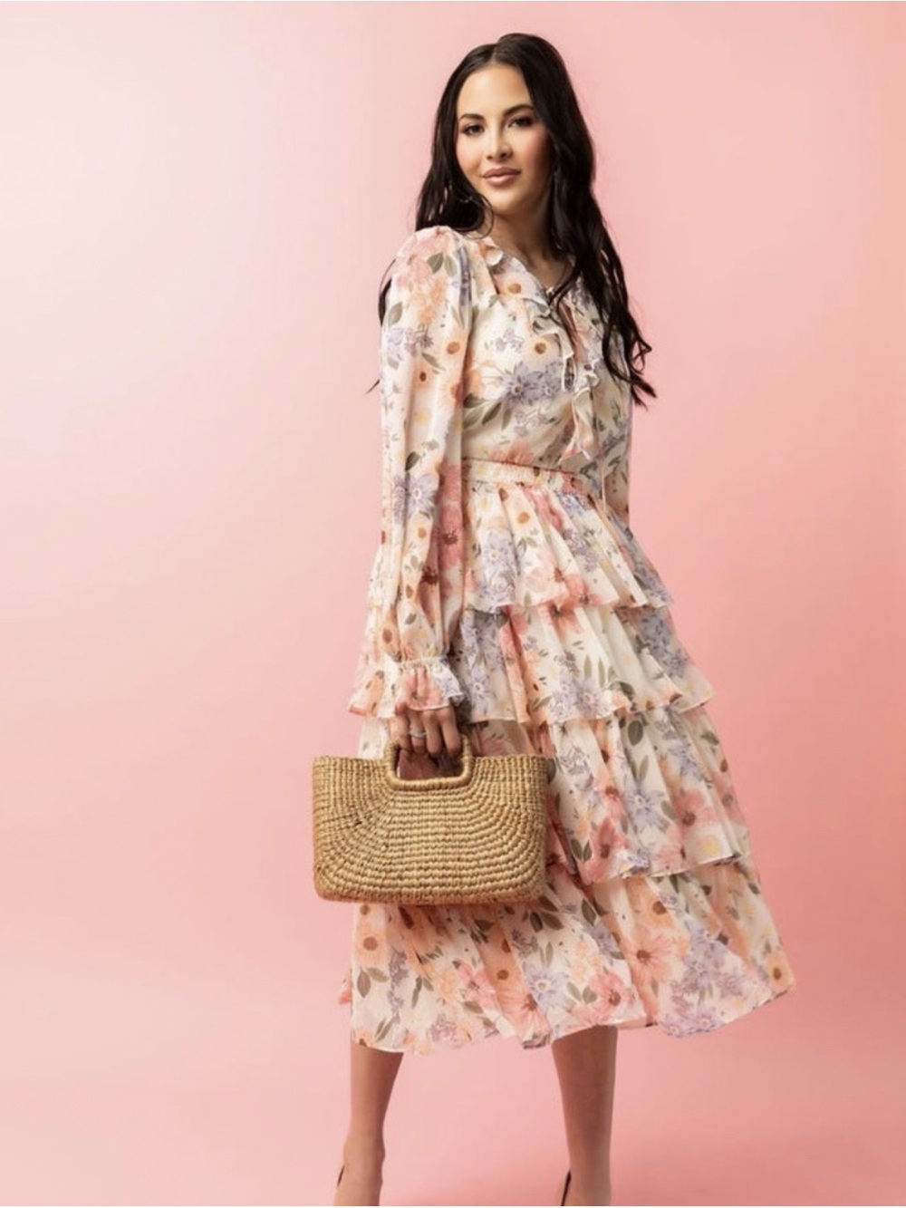 Rachel Parcell Peach Floral Tiered Midi Dress
